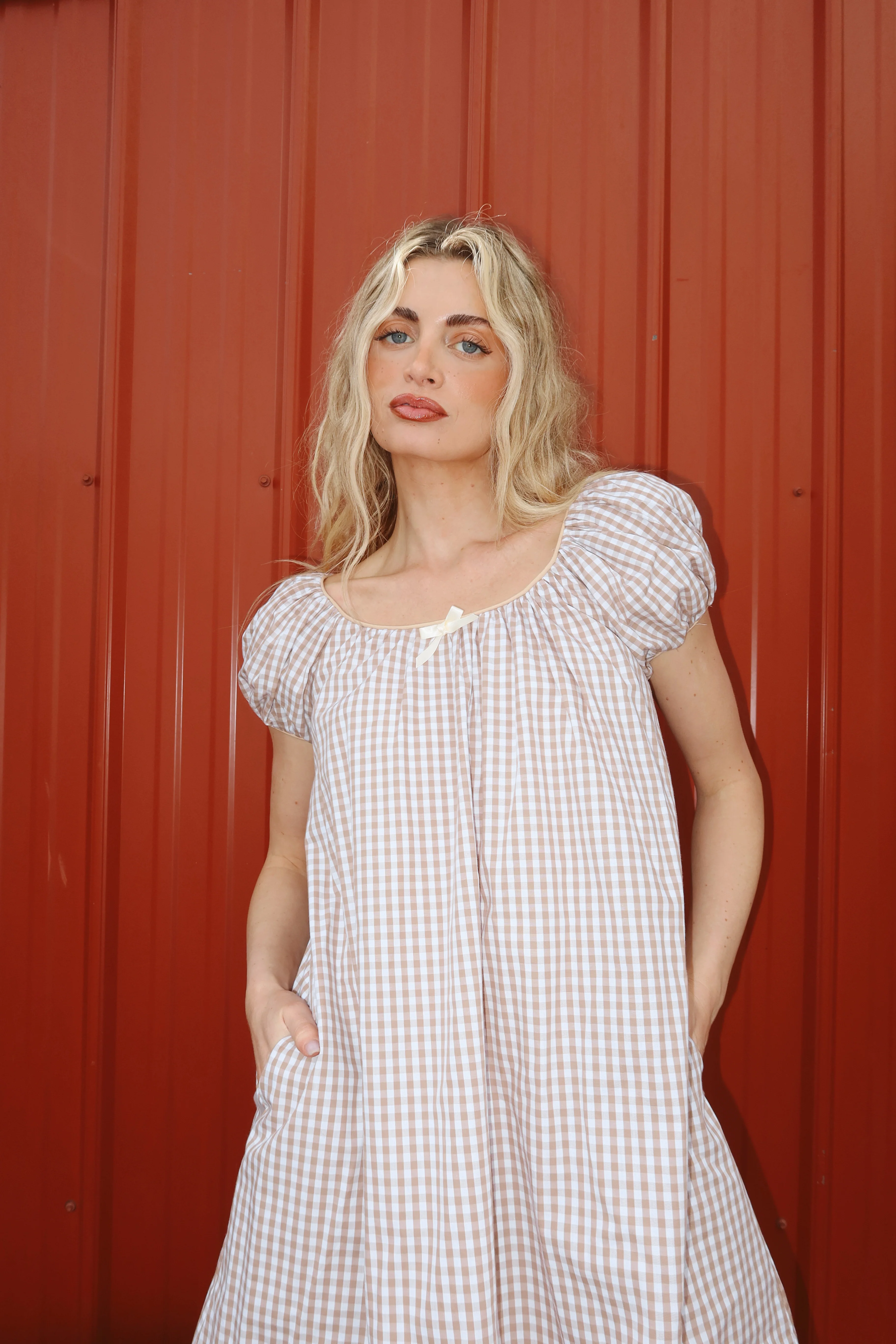 Aspyn Gingham Babydoll in Warm Oat - Image 3