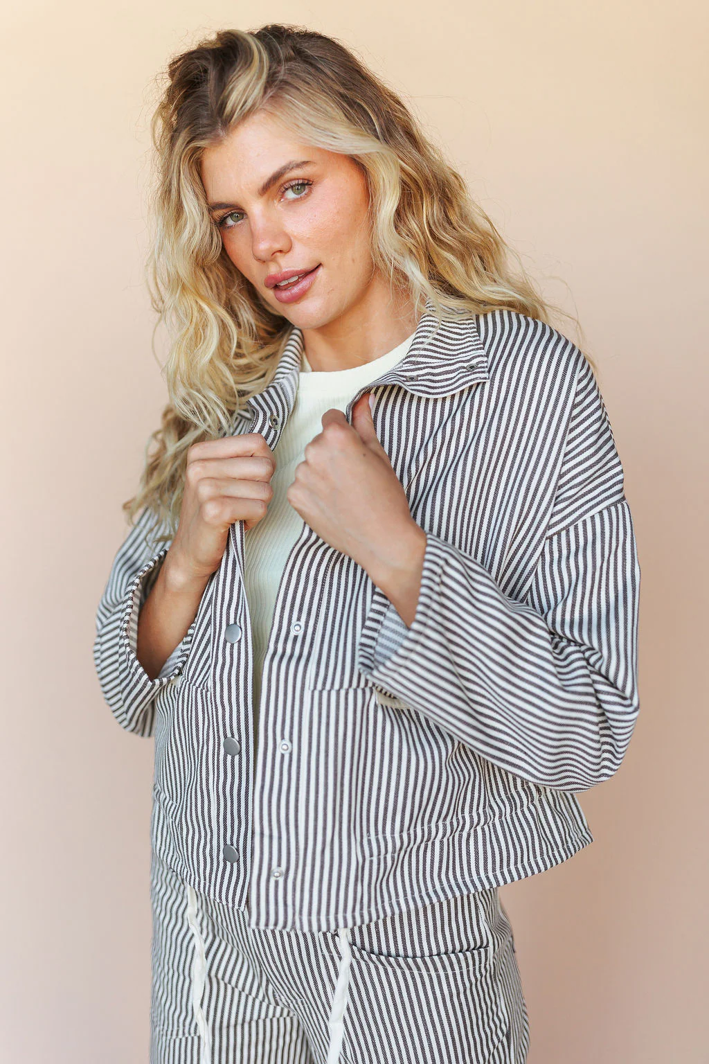 FINAL SALE - Casey Pinstripe Jacket in Mocha - Image 2