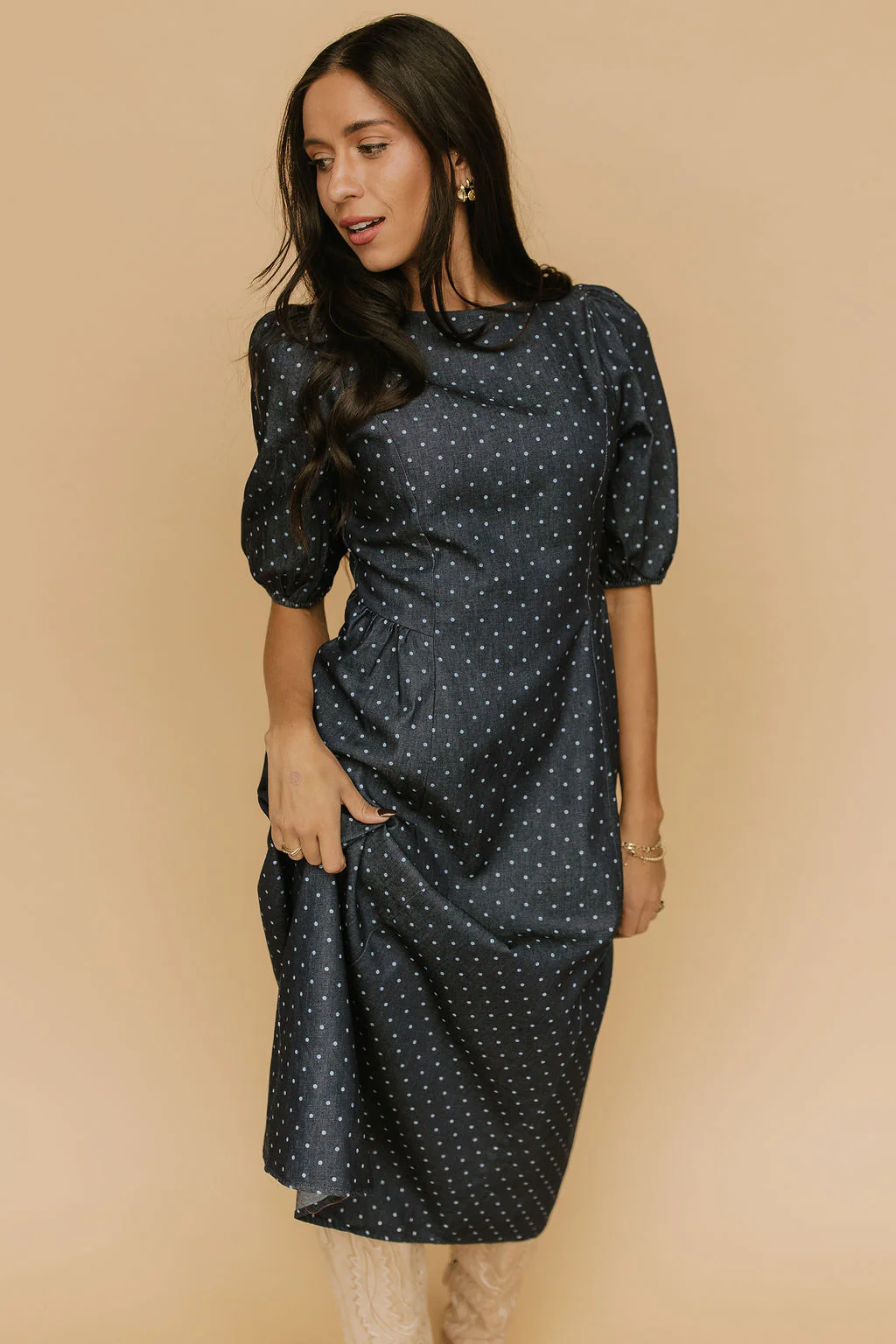 Denim Dot Dress in Blue - Image 3