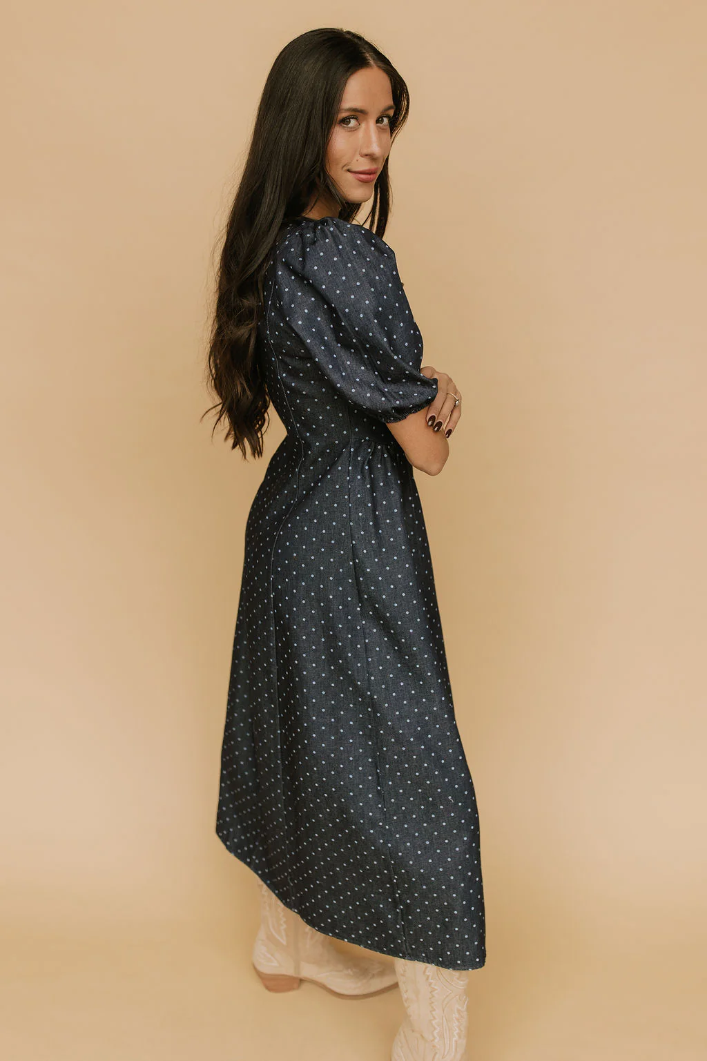 Denim Dot Dress in Blue - Image 4