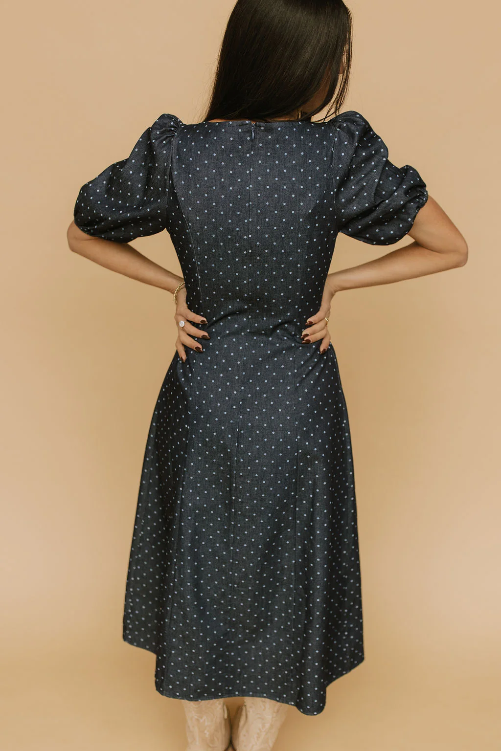 Denim Dot Dress in Blue - Image 5
