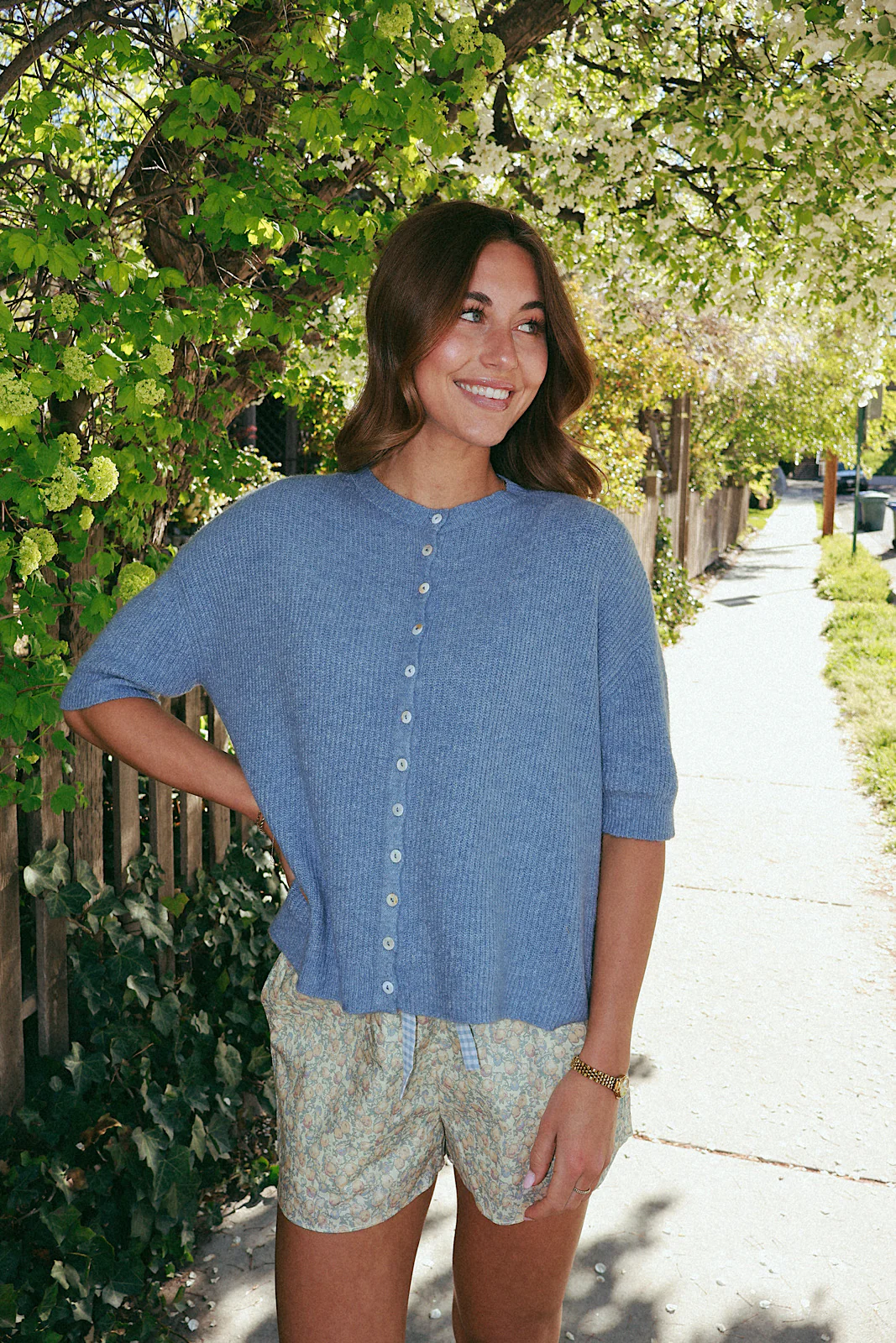 Elise Short Sleeve Cardigan in Dusty Blue - Image 2