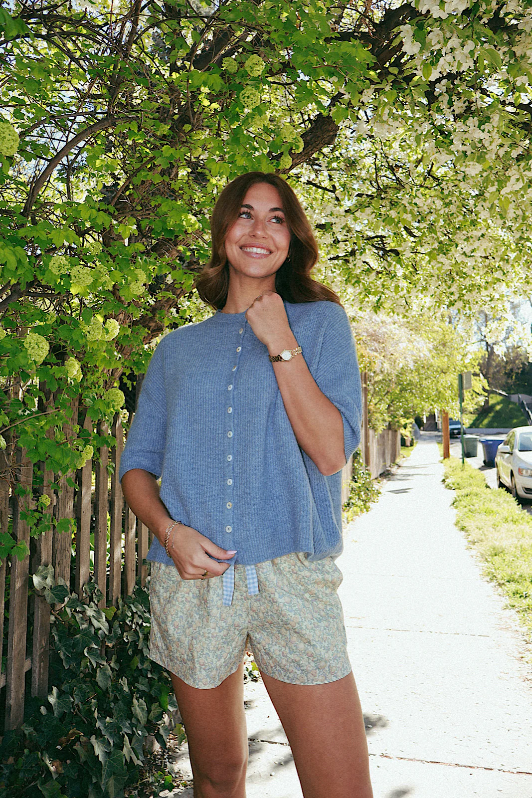 Elise Short Sleeve Cardigan in Dusty Blue - Image 4