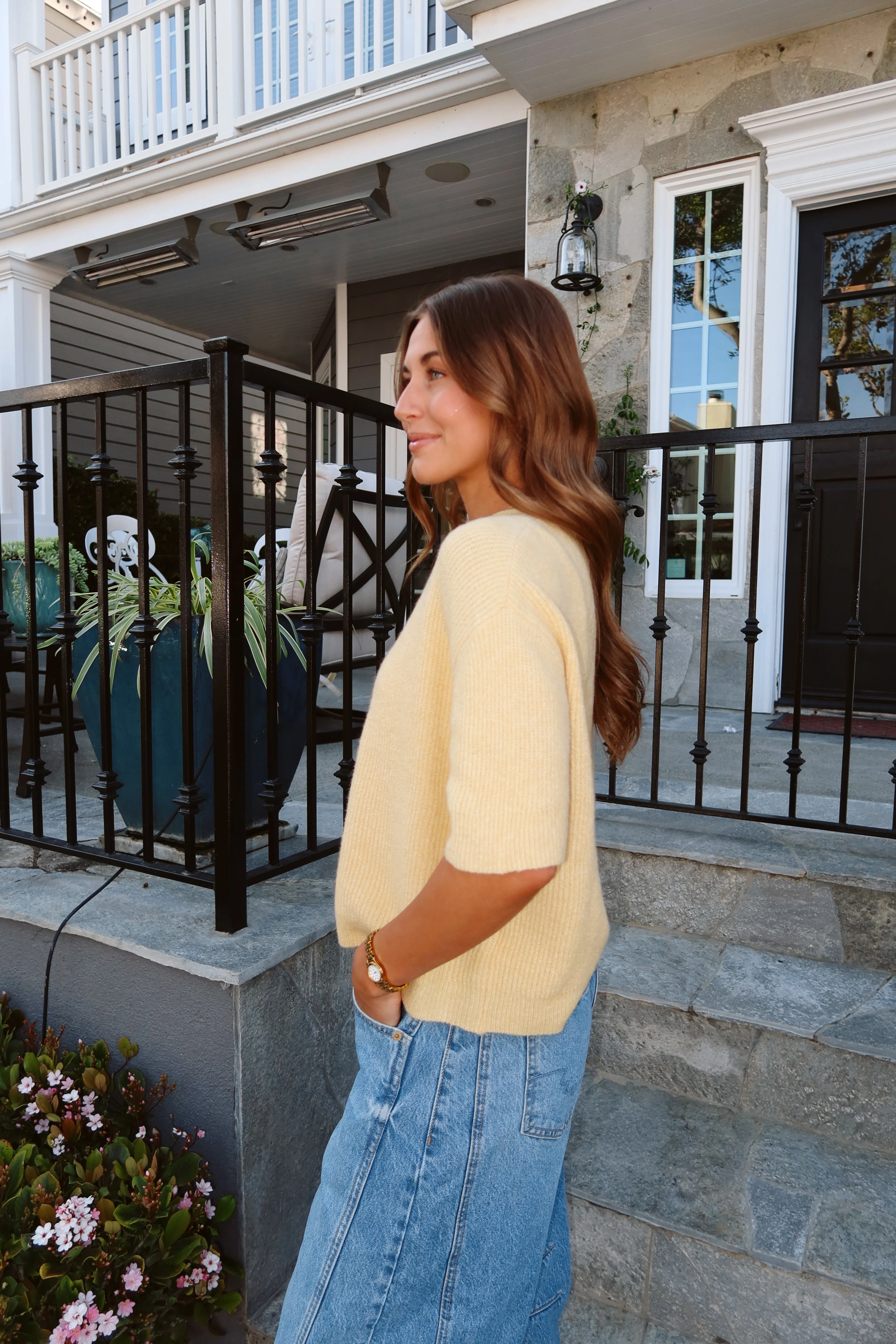 Elise Short Sleeve Cardigan in Honey - Image 5