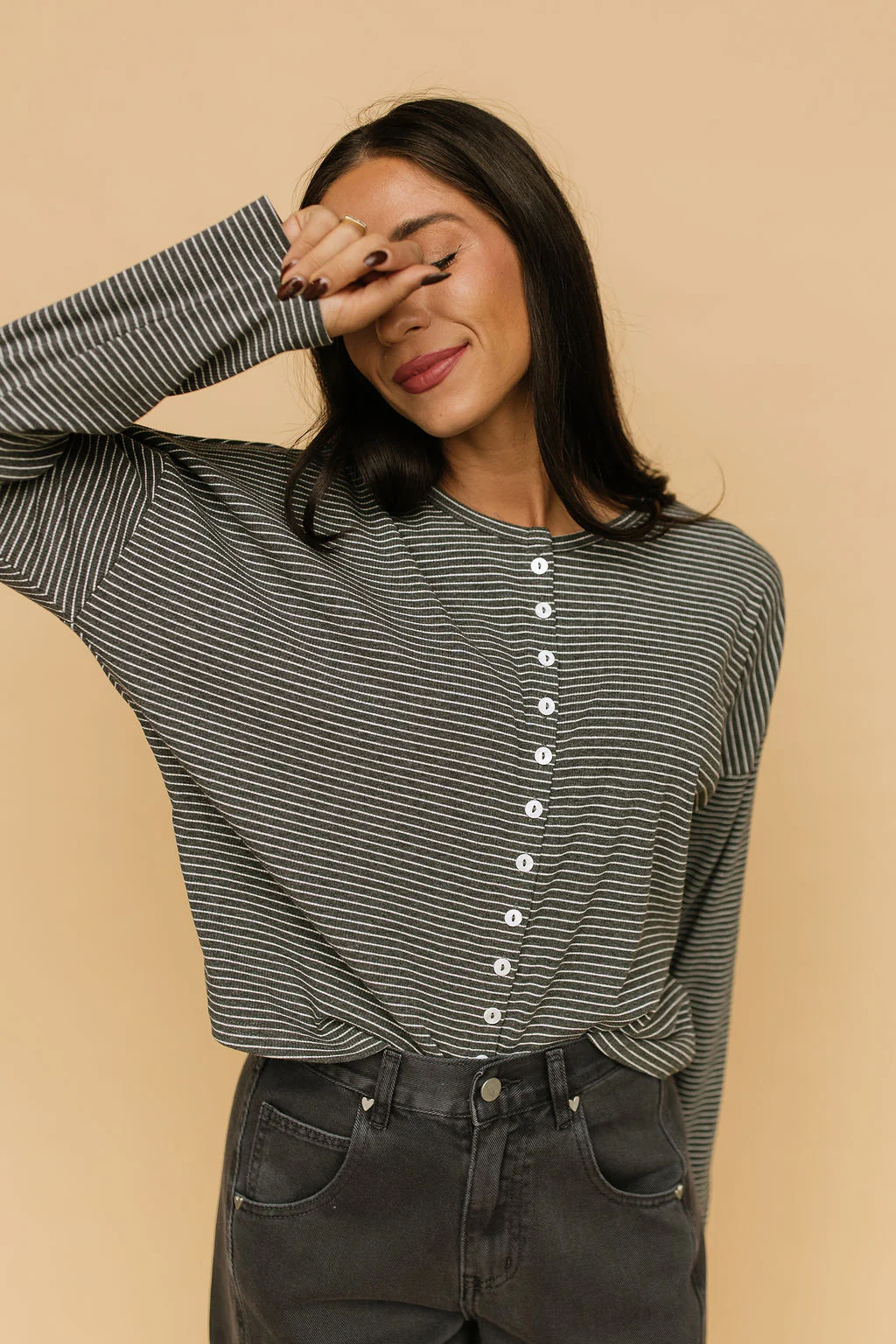 Elsie Pinstripe Top in Charcoal - Image 2