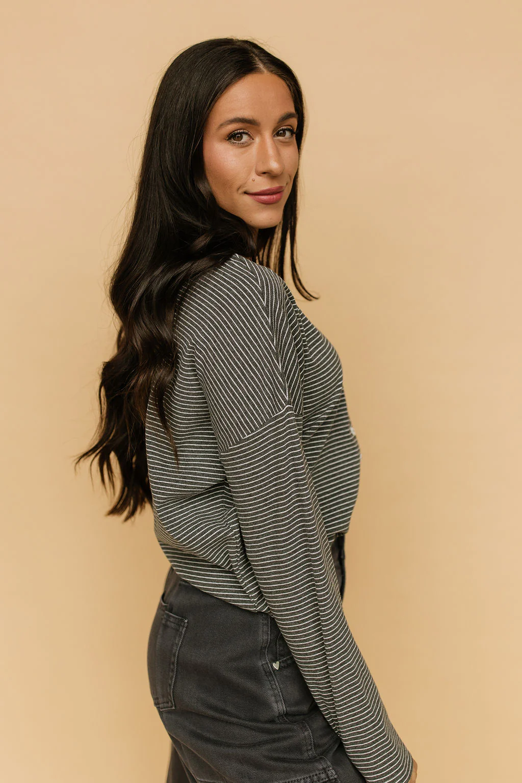 Elsie Pinstripe Top in Charcoal - Image 3