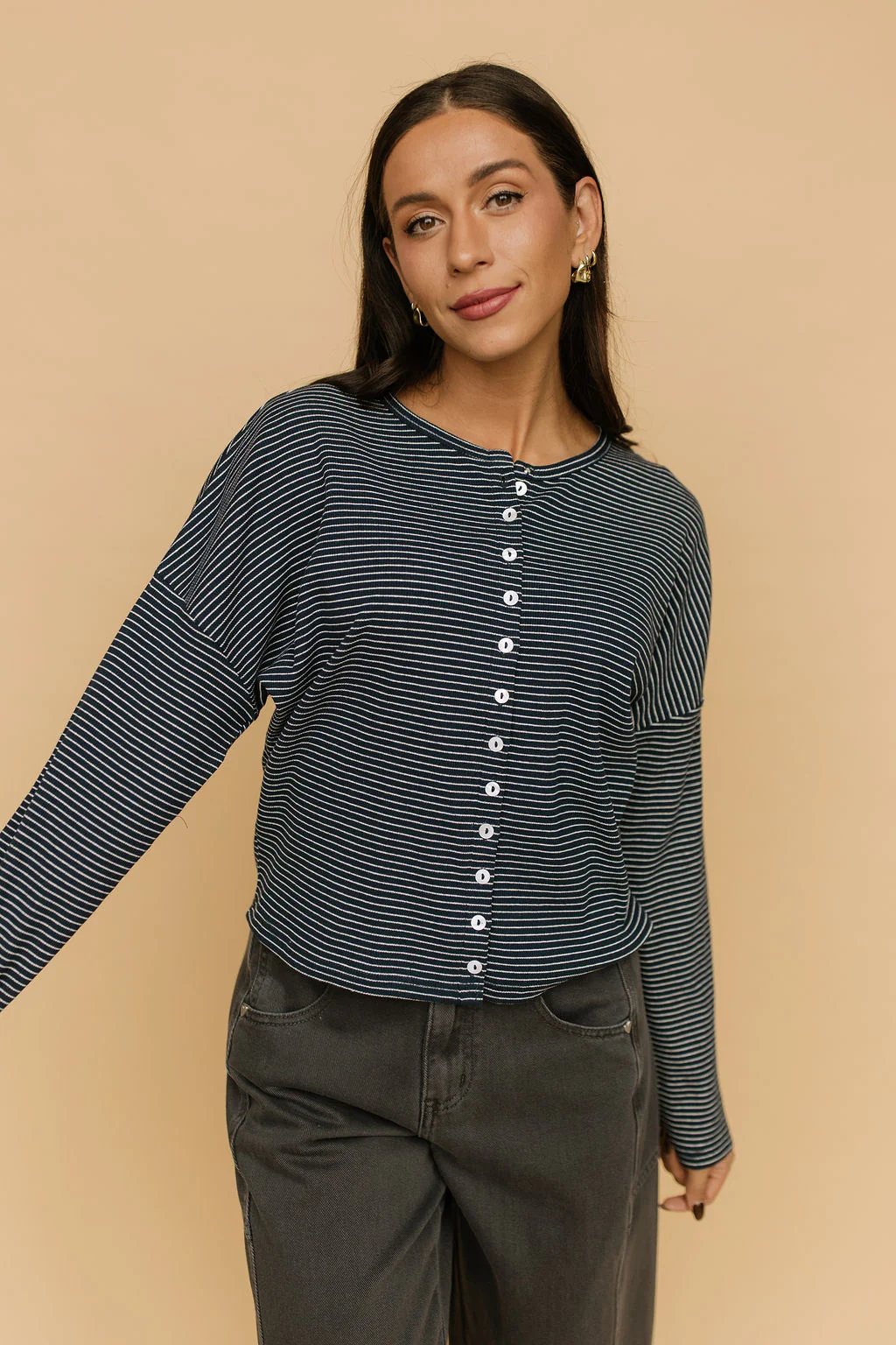 Elsie Pinstripe Top in Navy - Image 2