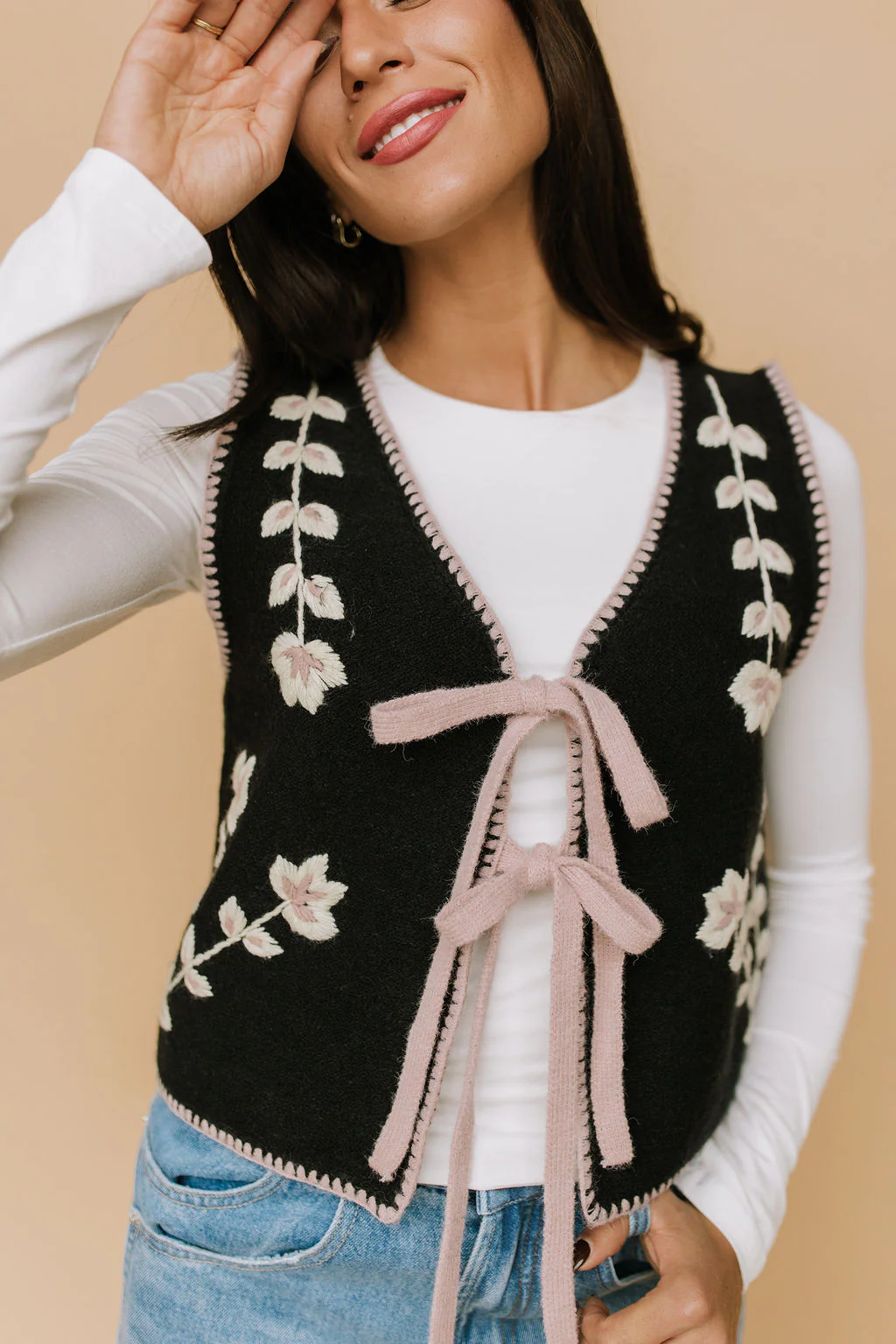 Georgia Floral Embroidered Vest in Black - Image 3