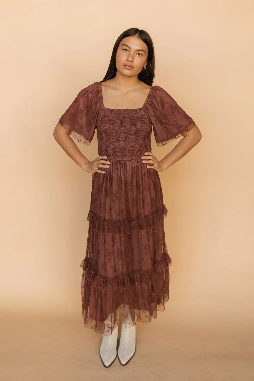 Hallie Mesh Maxi Dress in Chocolate - Image 2
