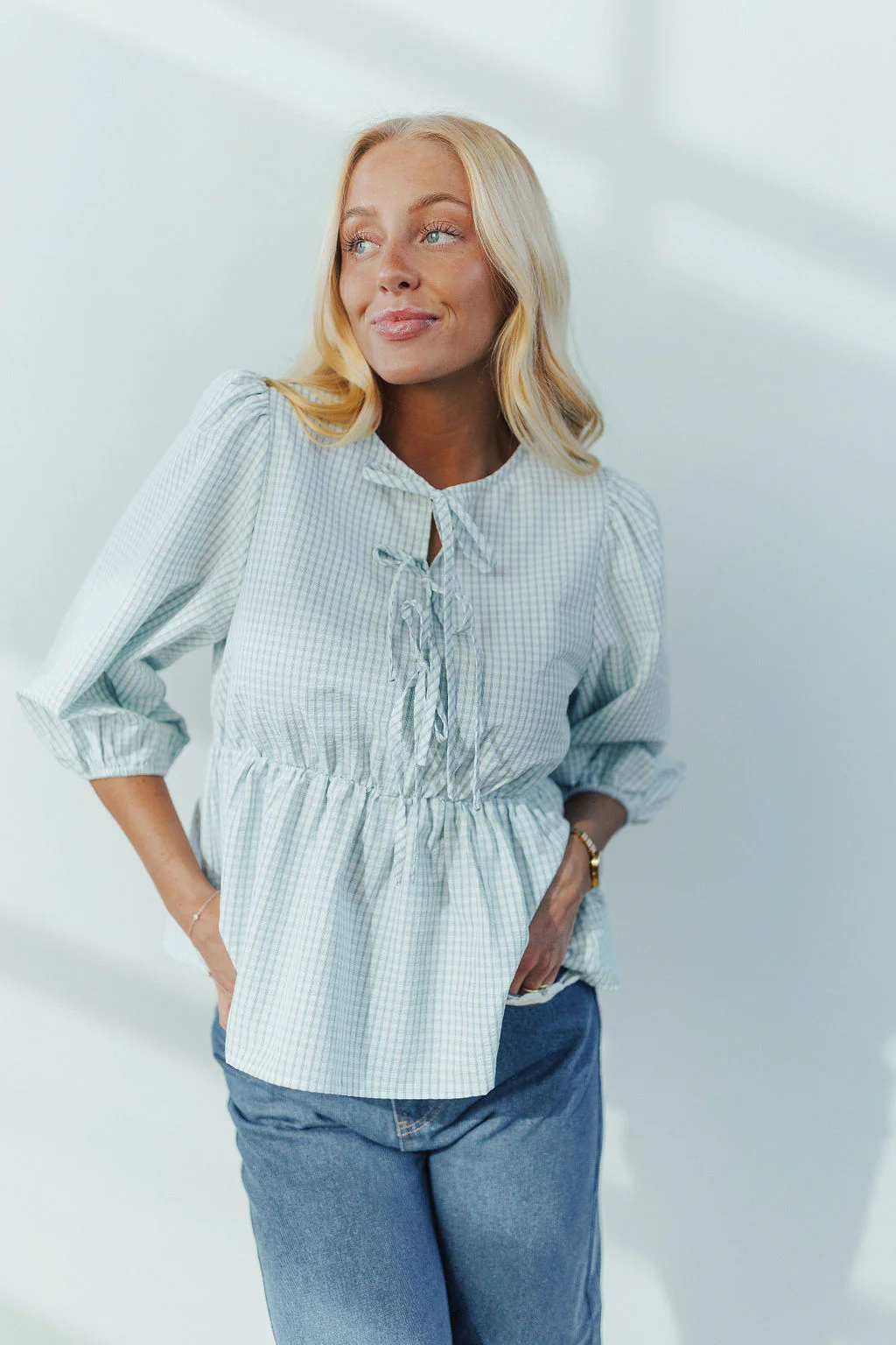 Harper Plaid Tie Top in Light Blue - Image 3