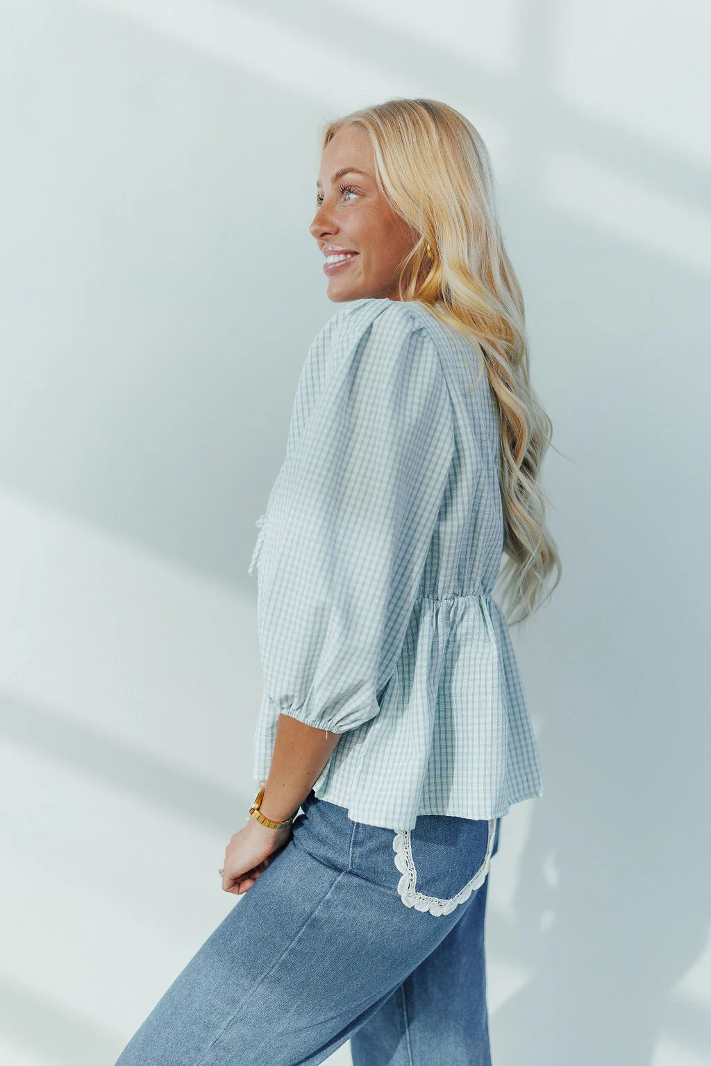 Harper Plaid Tie Top in Light Blue - Image 5