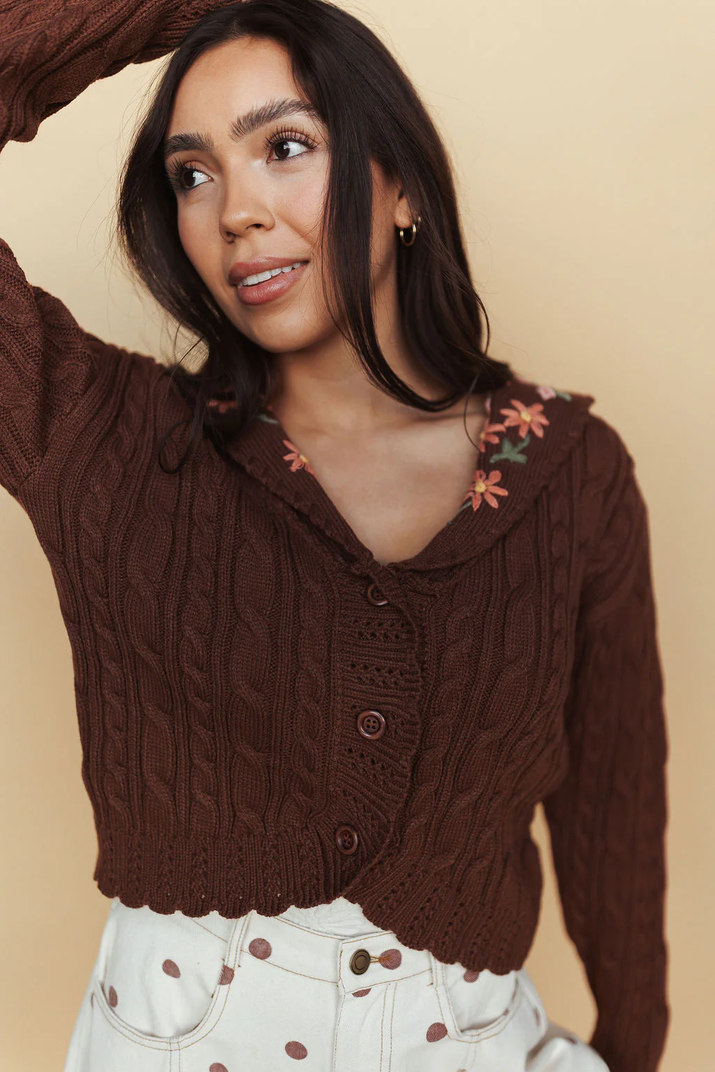 Heather Embroidered Cardigan in Mocha - Image 3
