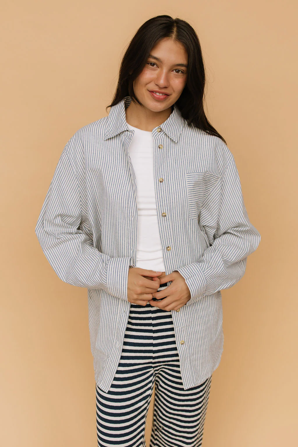 Jovie Stripe Button Down in Navy - Image 5