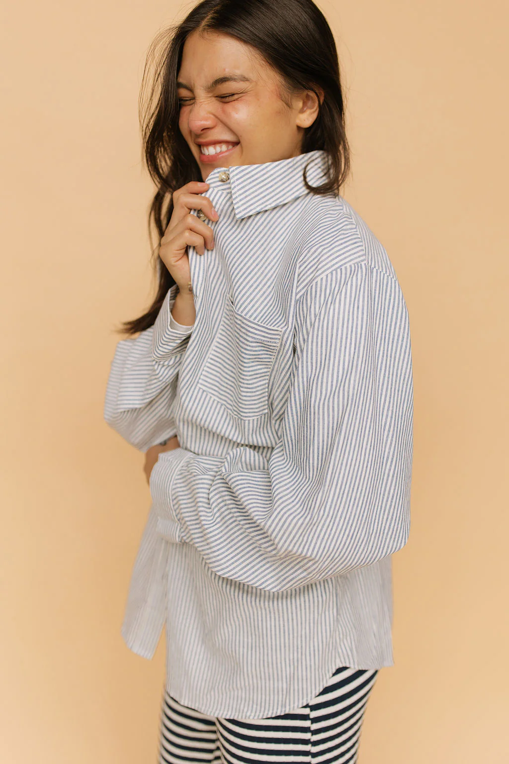 Jovie Stripe Button Down in Navy - Image 7