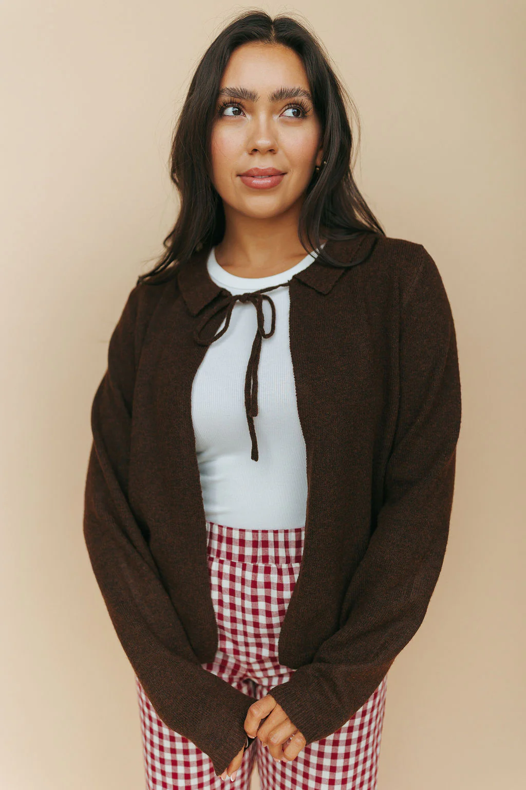 Kat Bow Tie Open Cardigan in Brown - Image 4