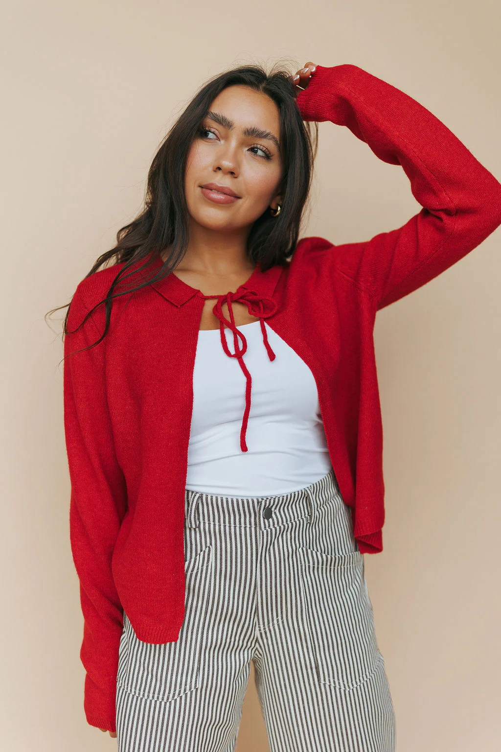 Kat Bow Tie Open Cardigan in Red - Image 3