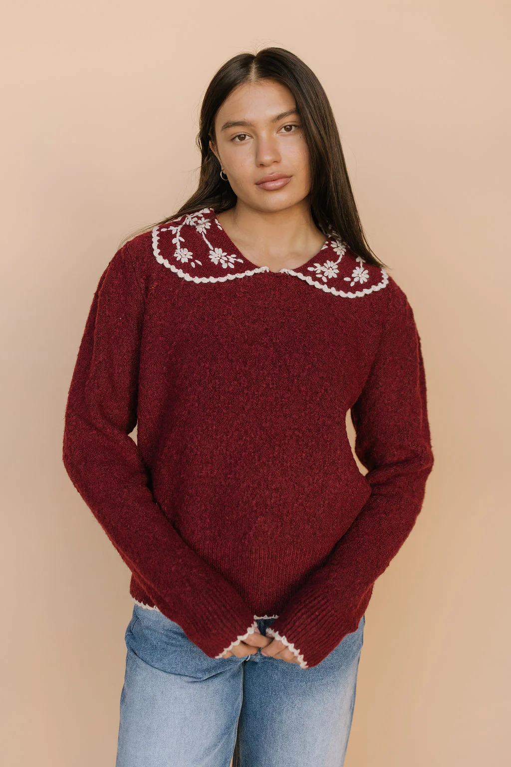 Nina Embroidered Collar Sweater in Burgundy - Image 2