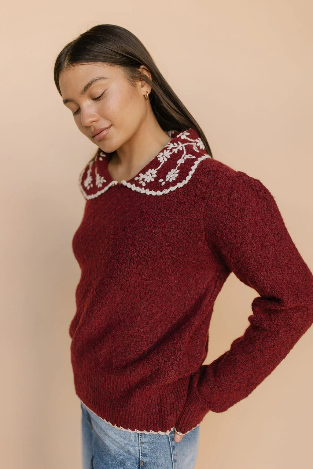 Nina Embroidered Collar Sweater in Burgundy - Image 3