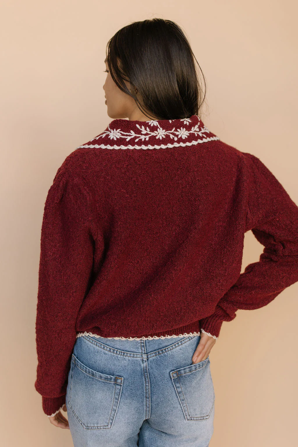 Nina Embroidered Collar Sweater in Burgundy - Image 4