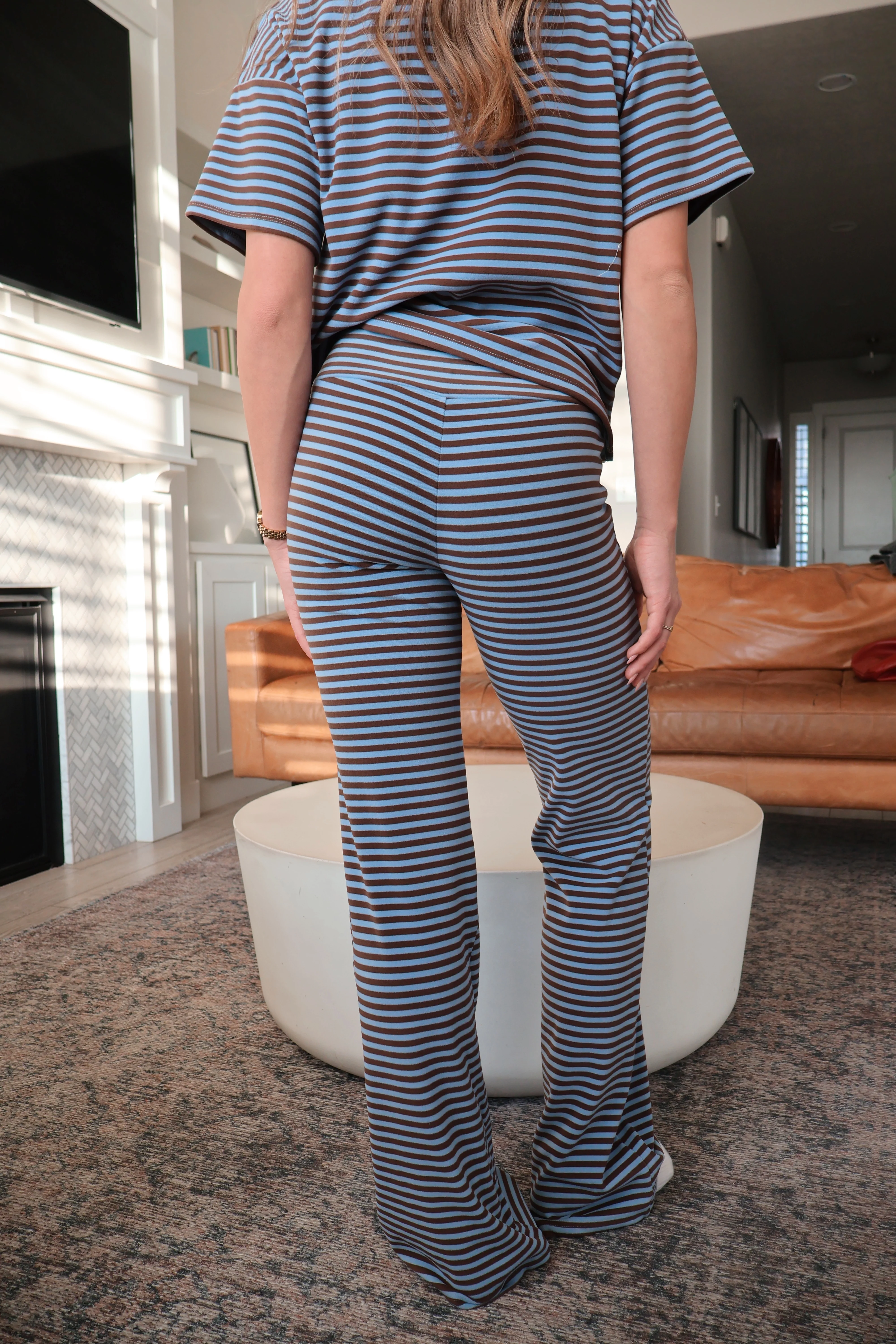 Porter Fleece Stripe Tee in Dusty Blue/Brown - Image 5