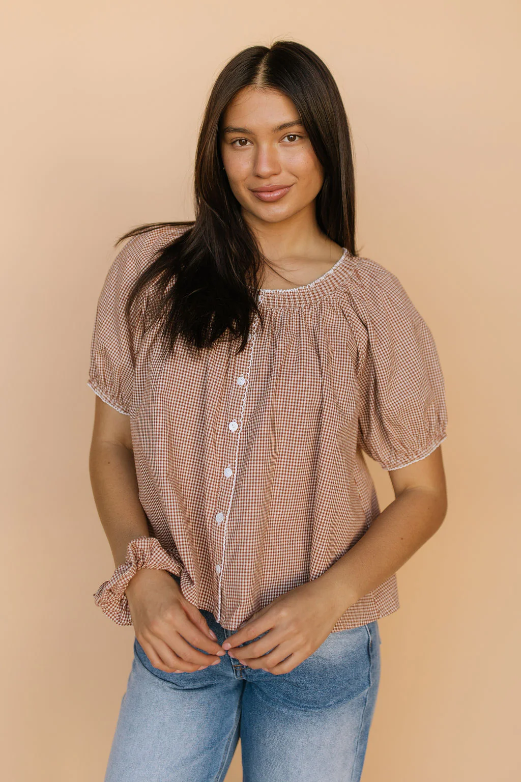 Quincy Gingham Top in Brown - Image 4