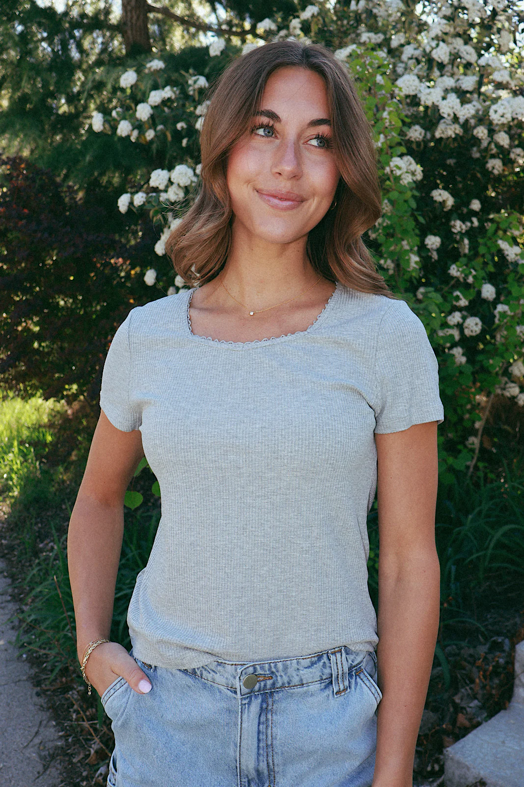 Sweetheart Neck Ribbed Tee in Heather Grey - Image 3