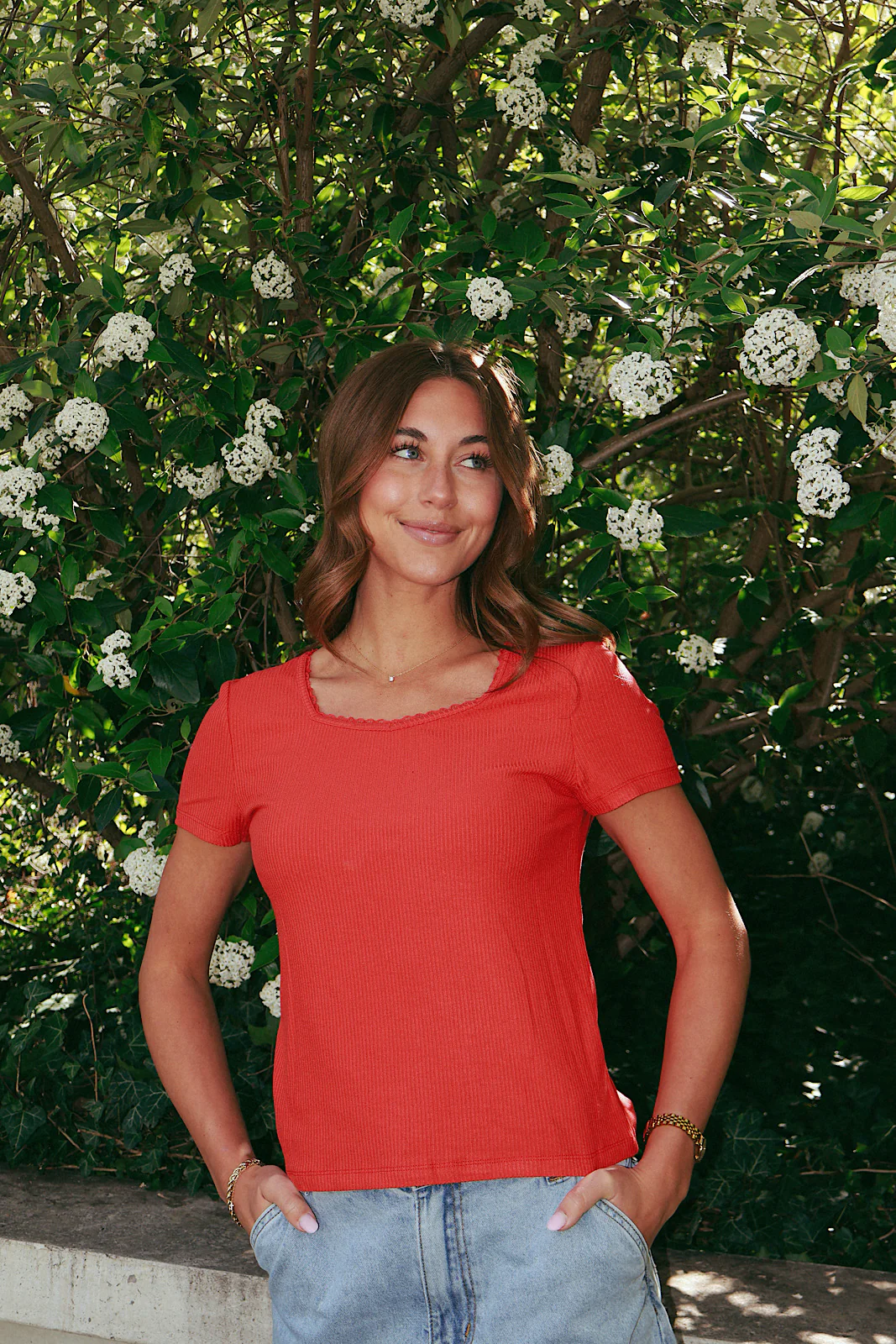 Sweetheart Neck Ribbed Tee in Red - Image 4