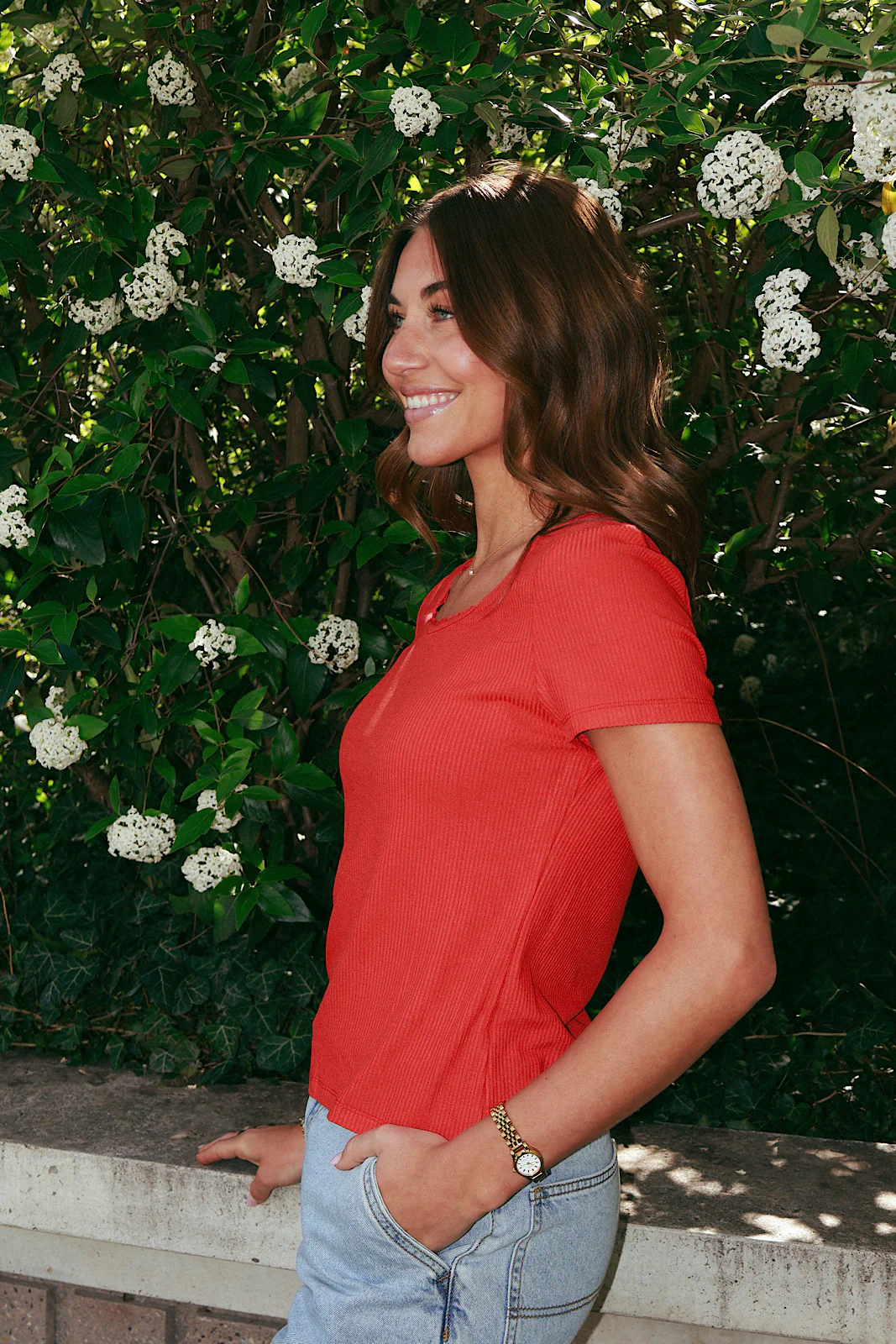 Sweetheart Neck Ribbed Tee in Red - Image 5
